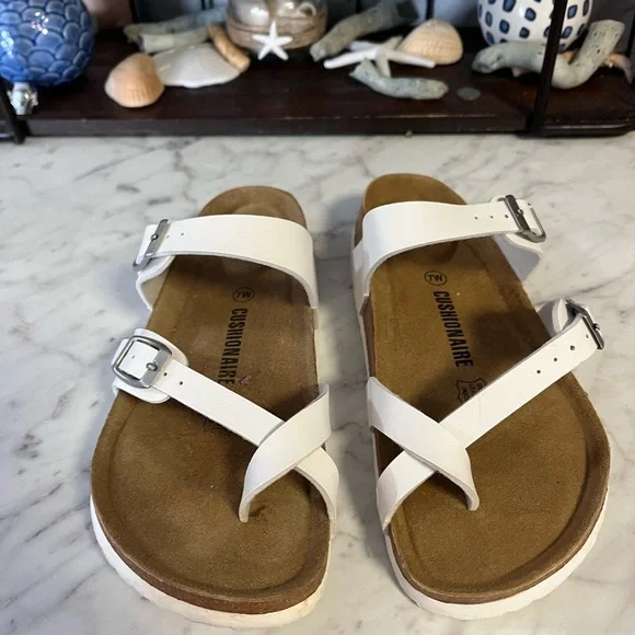 DO NOT PURCHASE.  SOLD Cushionaire White Sandals with Buckles 7W worn once - Picture 2 of 7